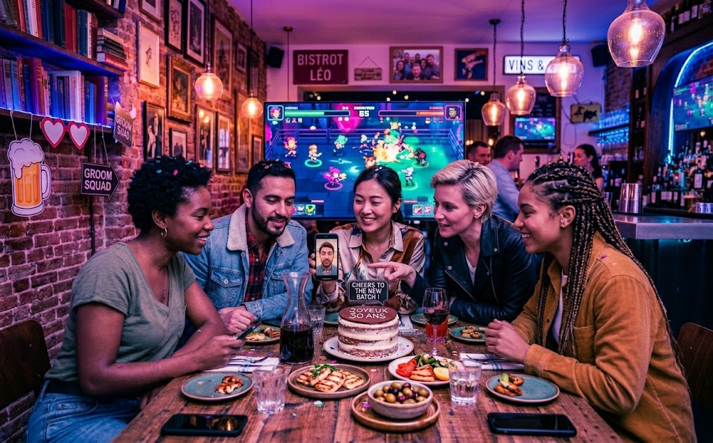 Un groupe d'amis joue à MISTERY dans un bar, sur grand écran et smartphones